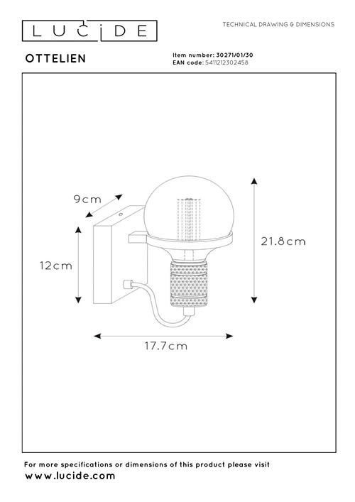 Lucide OTTELIEN - Lámpara de pared - Ø 17,7 cm - 1xE27 - Negro - técnico